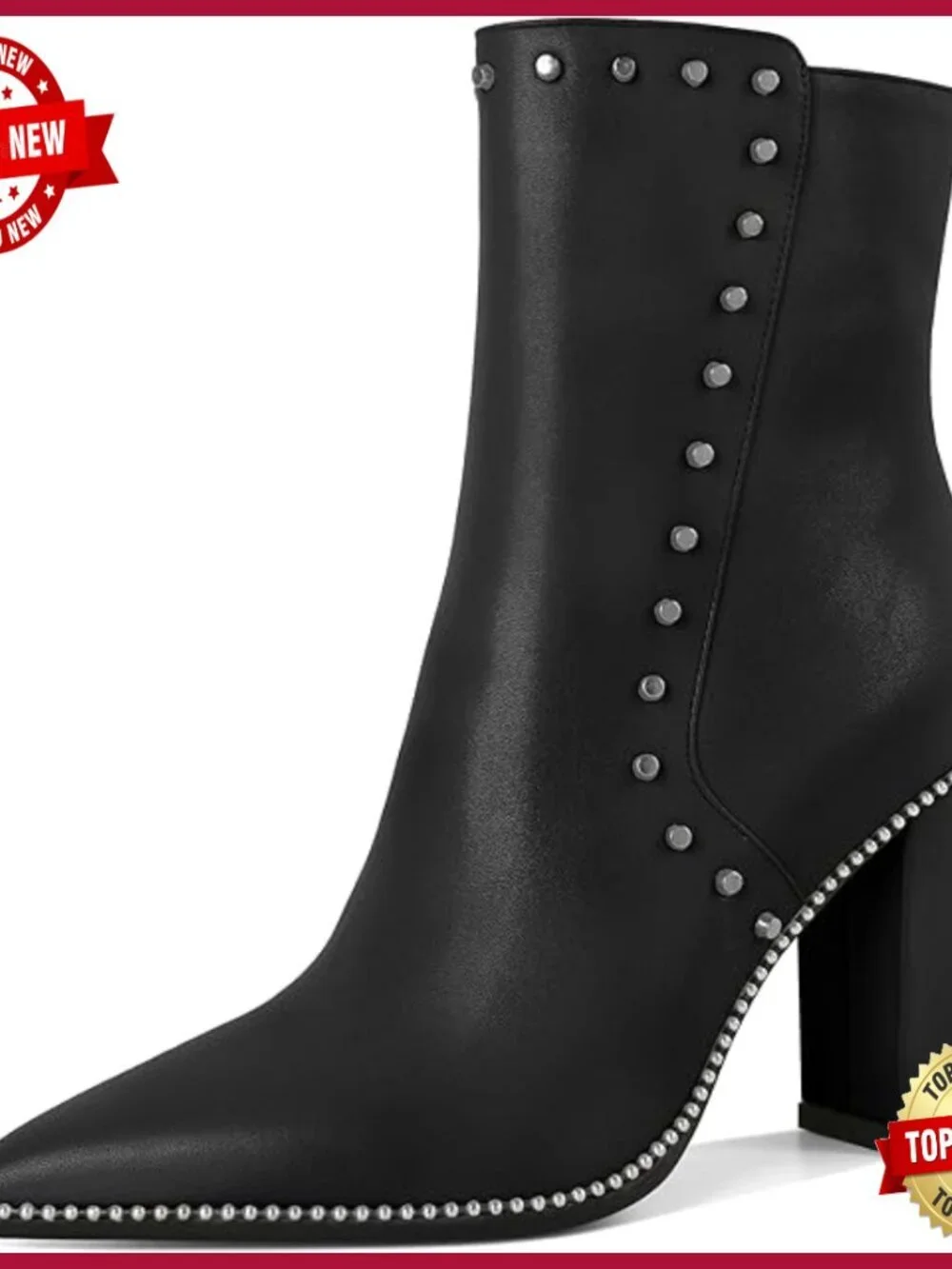 Pointed Toe Ankle Boots with Studs, Chunky 3.7 Inch Heel, Side Zipper Closure